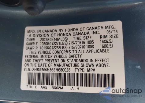 2014 Honda Cr-V Lx from USA, damaged, VIN 2HKRM4H36EH680028